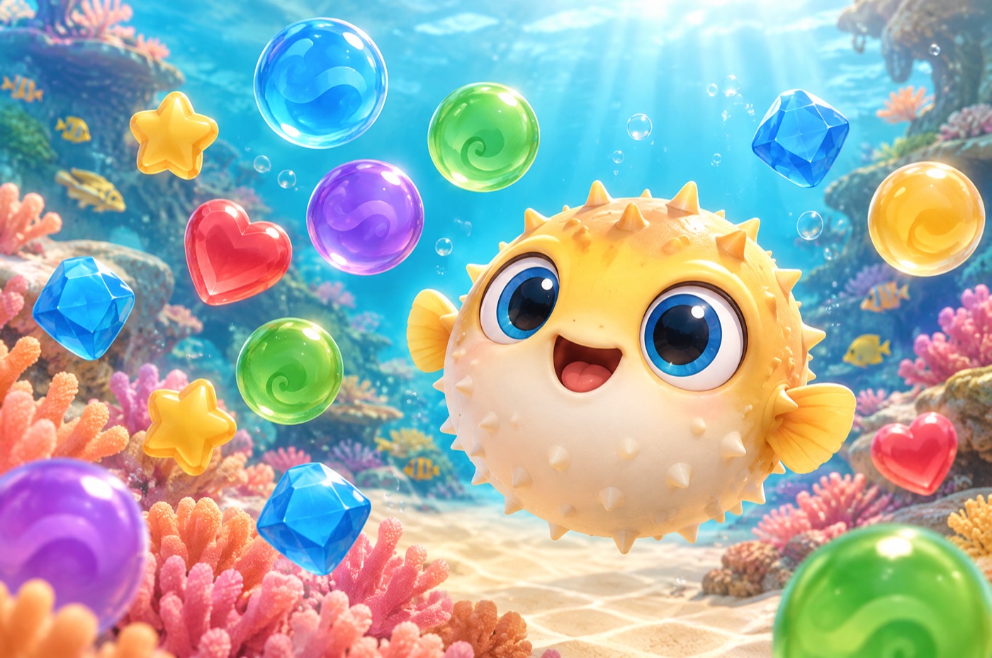 Bubble Reef key art: a smiling pufferfish among colourful bubbles on a coral reef