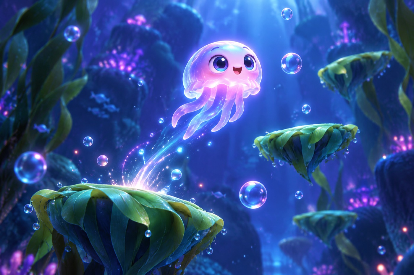 Jelly Jump key art: a glowing jellyfish bouncing between kelp platforms