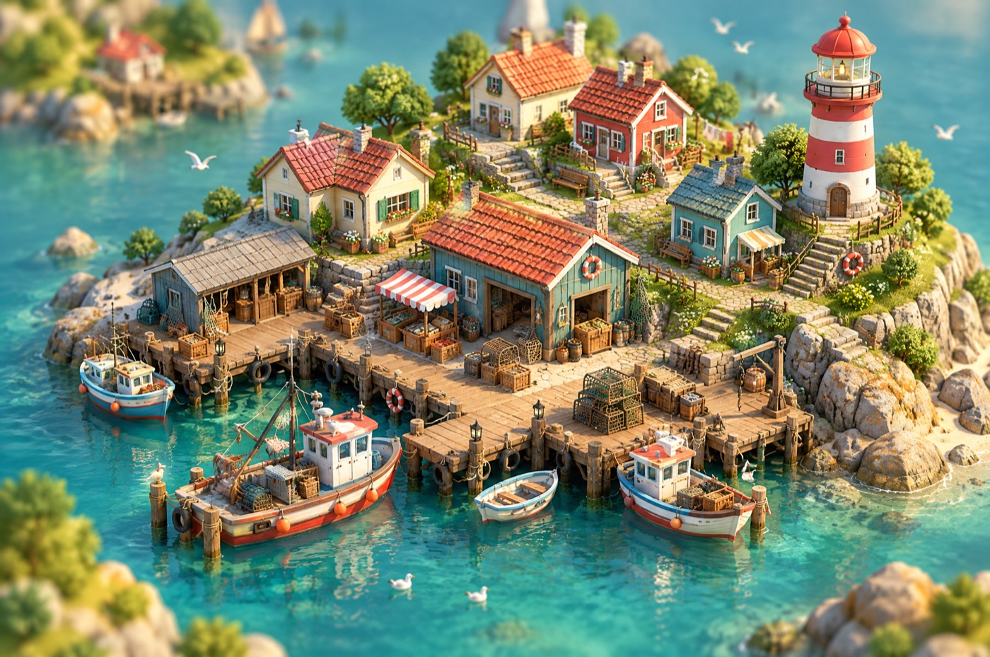 Tiny Harbor key art: a miniature fishing harbour town with boats and a lighthouse